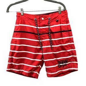 Superdry Swim Trunks Mens Small S Red White Striped Mesh Lined Cargo Pocket
